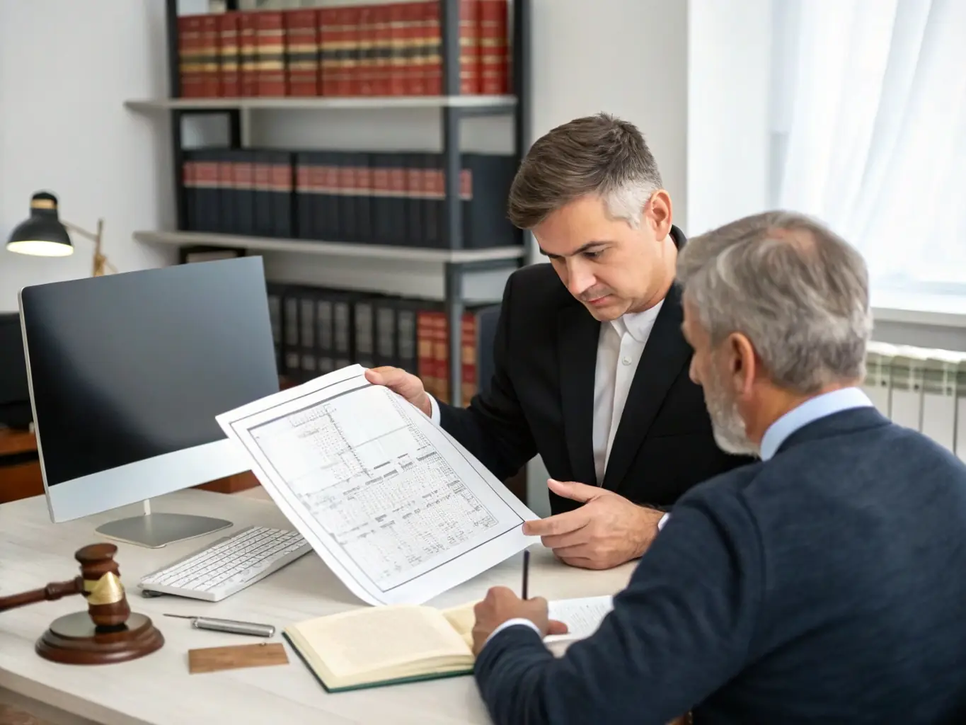 An image showing a notary public carefully reviewing a document with a client in a modern office setting, emphasizing attention to detail and professionalism.